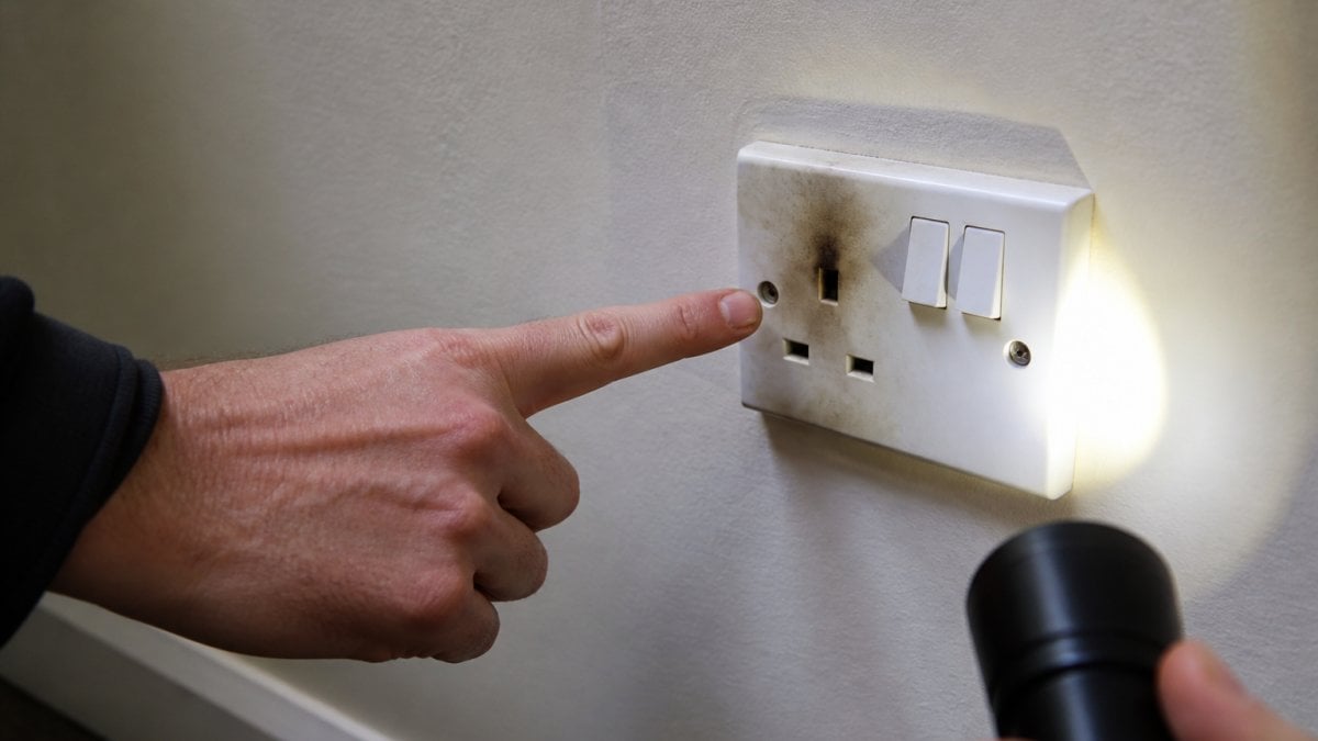 Homeowner using a torch to inspect a scorched socket, one of the key signs of faulty house wiring.