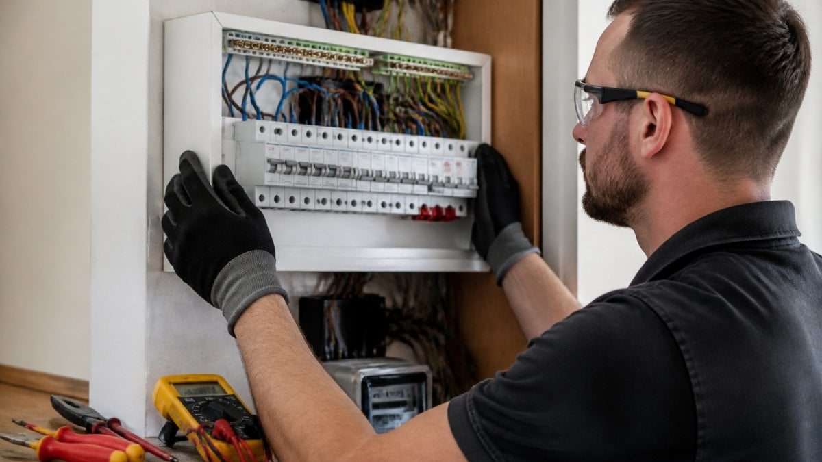 A qualified electrician in safety glasses and gloves fitting a modern consumer unit with RCD protection into a household fuse board, tools and testing equipment visible nearby