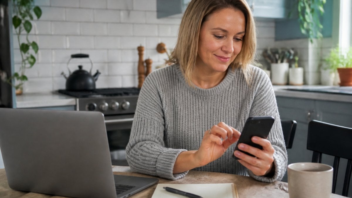 A homeowner sitting at a kitchen table using a smartphone to book an electrician online, with a laptop and notepad nearby in a bright, tidy home