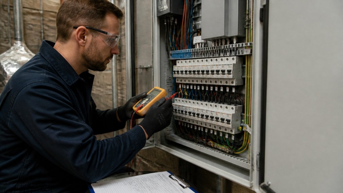 A qualified electrician in safety glasses and gloves testing a commercial distribution board with a multimeter in a plant room, clipboard and labelled circuits visible