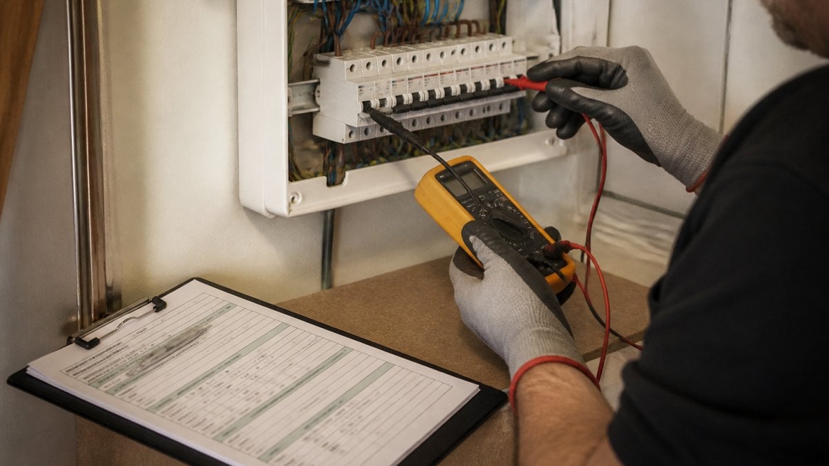 A qualified electrician in safety gloves using a multimeter on a domestic consumer unit, with a clipboard and test certificate visible on a nearby surface