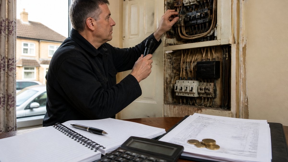 Professional electrician inspecting exposed vintage wiring and dated fuse boxes in a residential property, with careful examination of old copper cables and ceramic insulators in natural daylight