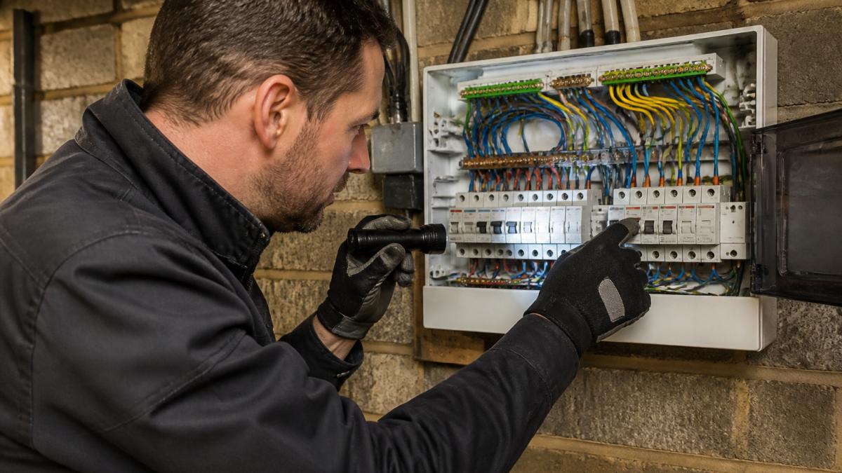 Professional electrician examining circuit breaker panel with warning labels visible, checking for faults and safety hazards in residential property