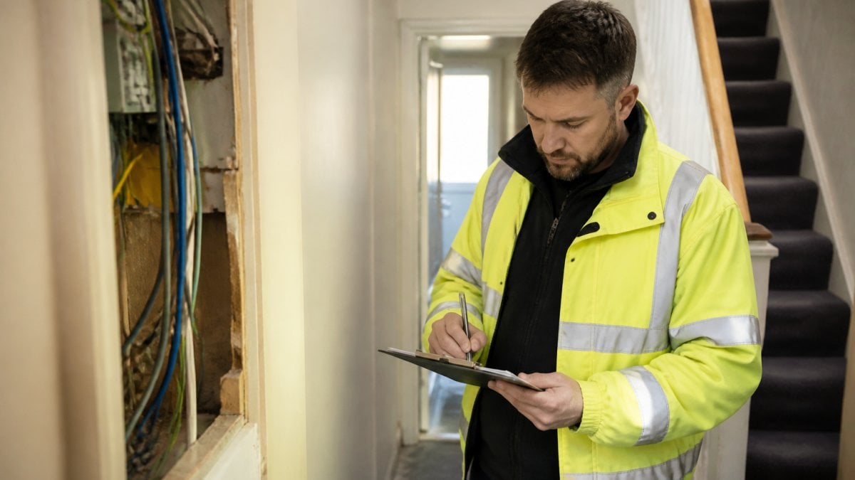 Professional electrician in high-visibility clothing standing in a residential hallway with clipboard, inspecting wiring and taking detailed notes before a rewire project
