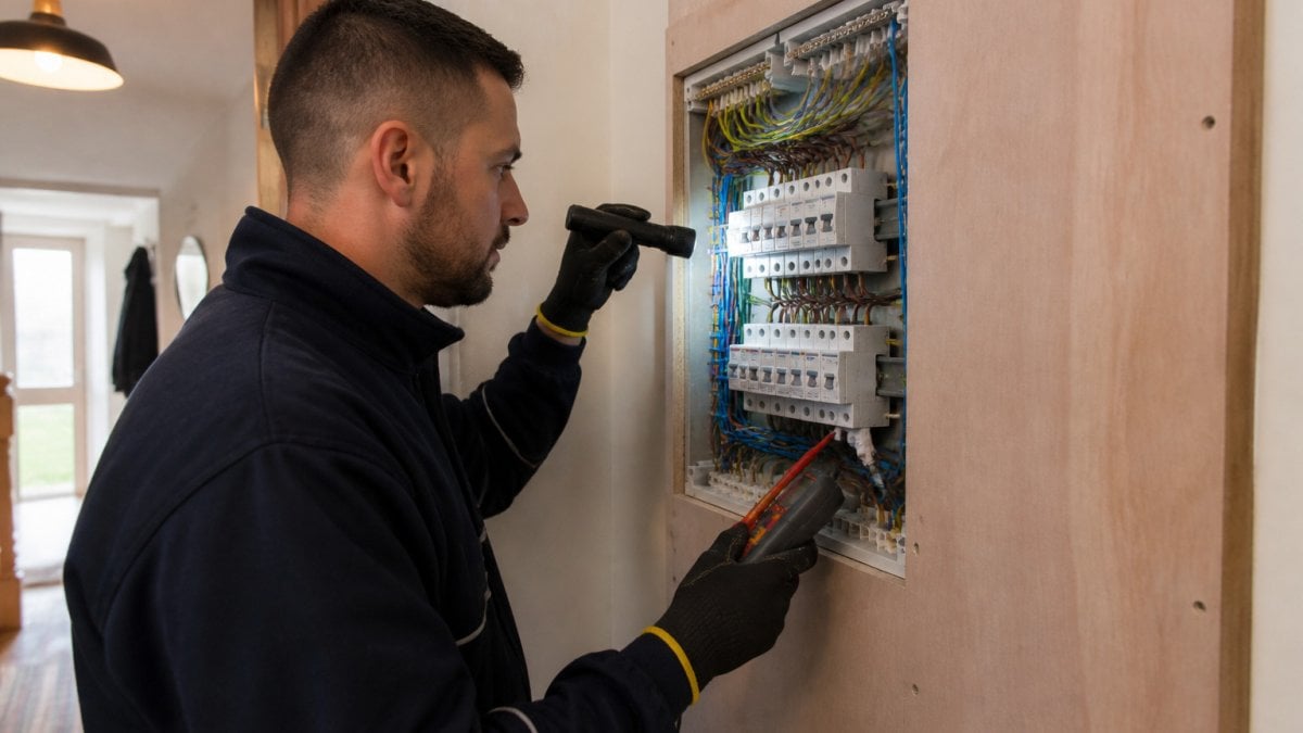 Electrician using a torch and test meter to perform an EICR inspection on a domestic consumer unit.